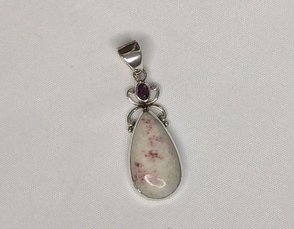 Thulite Pendant 14x10mm - Pear Shaped, Red, White, Sterling Silver